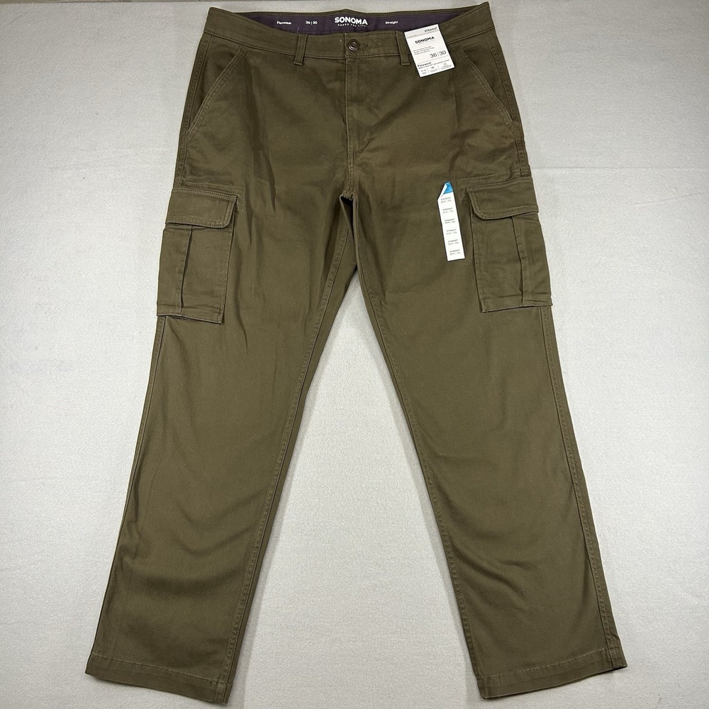 NWT Sonoma Goods For Life Pants Mens 36x30 green Straight Fit Cargo Flexwear